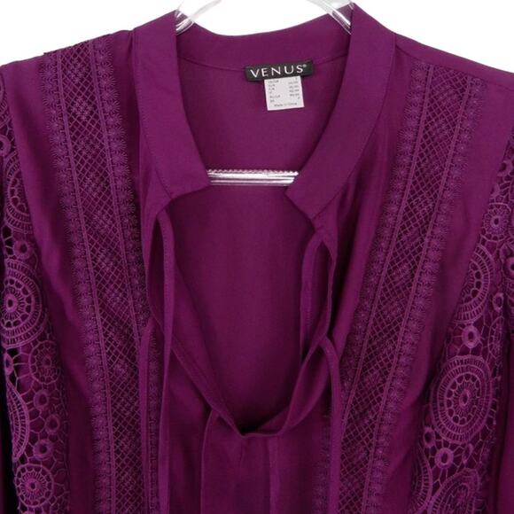 Venus Maroon Tie Front Crochet Blouse Lace Sheer Sleeve Modest Twee Blouse Small - Picture 2 of 9